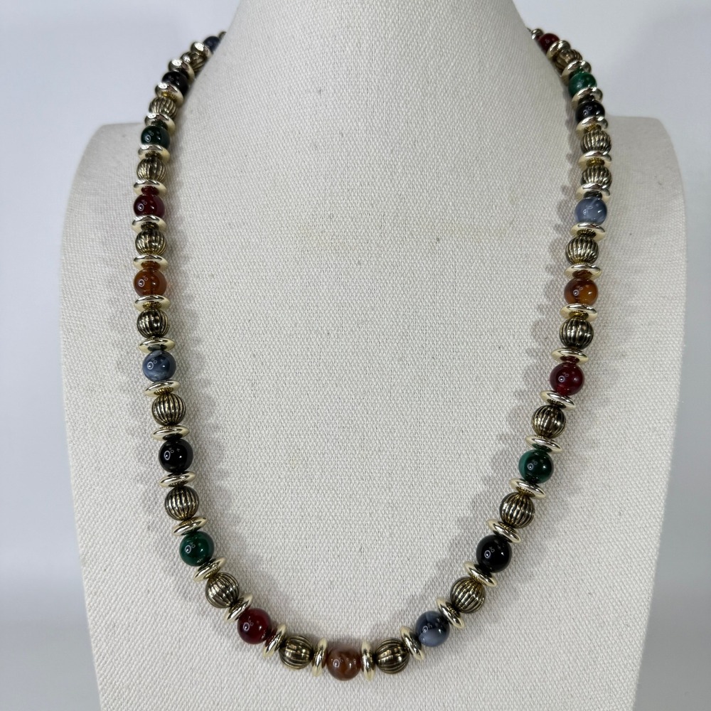 Vintage 90s Multicolor Bead Necklace Gold‎ Tone Boho Chic